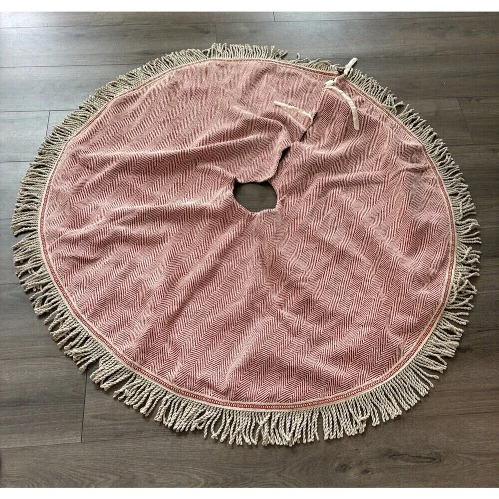 Merry Christmas Tree Skirt Boho Bohemian Farmhouse Chic Red Beige Fringe 48